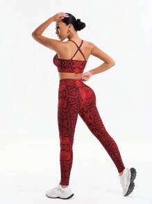 Gameset SHEIN Sport Set 2 buc. Ținută sport fără mâneci, cu imprimeu de piele de șarpe, model sport, talie înaltă, pentru ridicarea feselor
