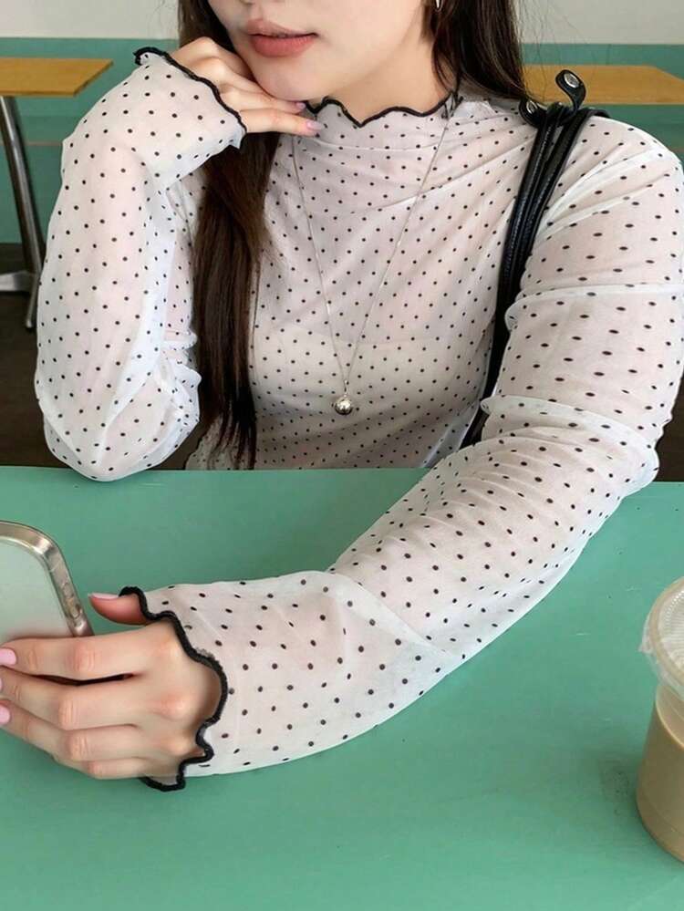 Dazy Plus Plus Size Women Contrast Color Patchwork Stand Collar Mesh Polka Dot Top Sheer Blouse T-Shirt