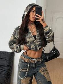 Coolane Women's Fall/Winter Fashion Streetwear Going Out Casual  Homecoming Camo Print Loose Long Sleeve Zip Up Hooded Sweatshirt Jacket - Multicolor - View 2