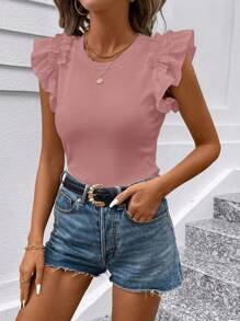 SHEIN Clasi 女士休闲日常纯色罗纹荷叶边袖孔修身T恤，夏季荷叶边袖上衣玫瑰上衣可爱上衣夏季上衣女上衣短袖上衣