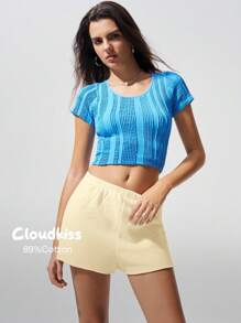 SHEIN BASICS Quần short thể thao cạp giữa màu trơn đơn giản dành cho nữ - Màu vàng - Xem 1