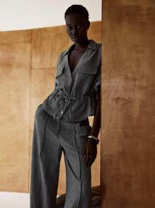 Lumivelle 女士休闲夏季 V 领纽扣前上衣和裤子两件套 - 灰色 - 查看 5