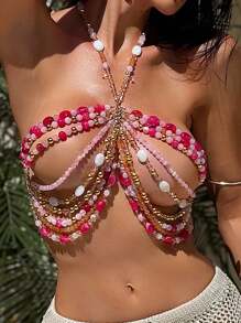Swim SXY New Summer/Autumn Colorful Beaded Cover-Up, Sexy & Fashionable Design Suitable For Music Festivals And Electronic Music Festivals, Boho Style Women Coverup - Hot Pink - View 1