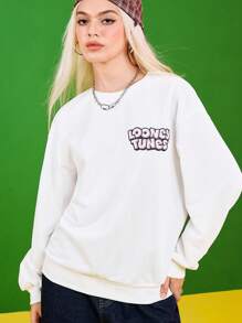 LOONEY TUNES X SHEIN Women's Cartoon Animal Pattern White Loose Sweatshirt, Cute Graphic Casual Versatile Casual Daily Top, Back To School, Summer & Fall - White - View 2