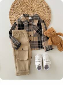 Baby Boy Colorful Plaid Collared Long Sleeve Button Down Shirt And Casual Pants Set, For Christmas - Khaki - View 2