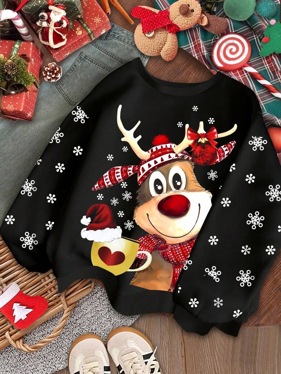 SHEIN Teen Girls' Christmas Cute Cartoon Deer & Snowflake Print Black Casual Loose Fit Crew Neck Long Sleeve Sweatshirt, Suitable For Autumn/Winter