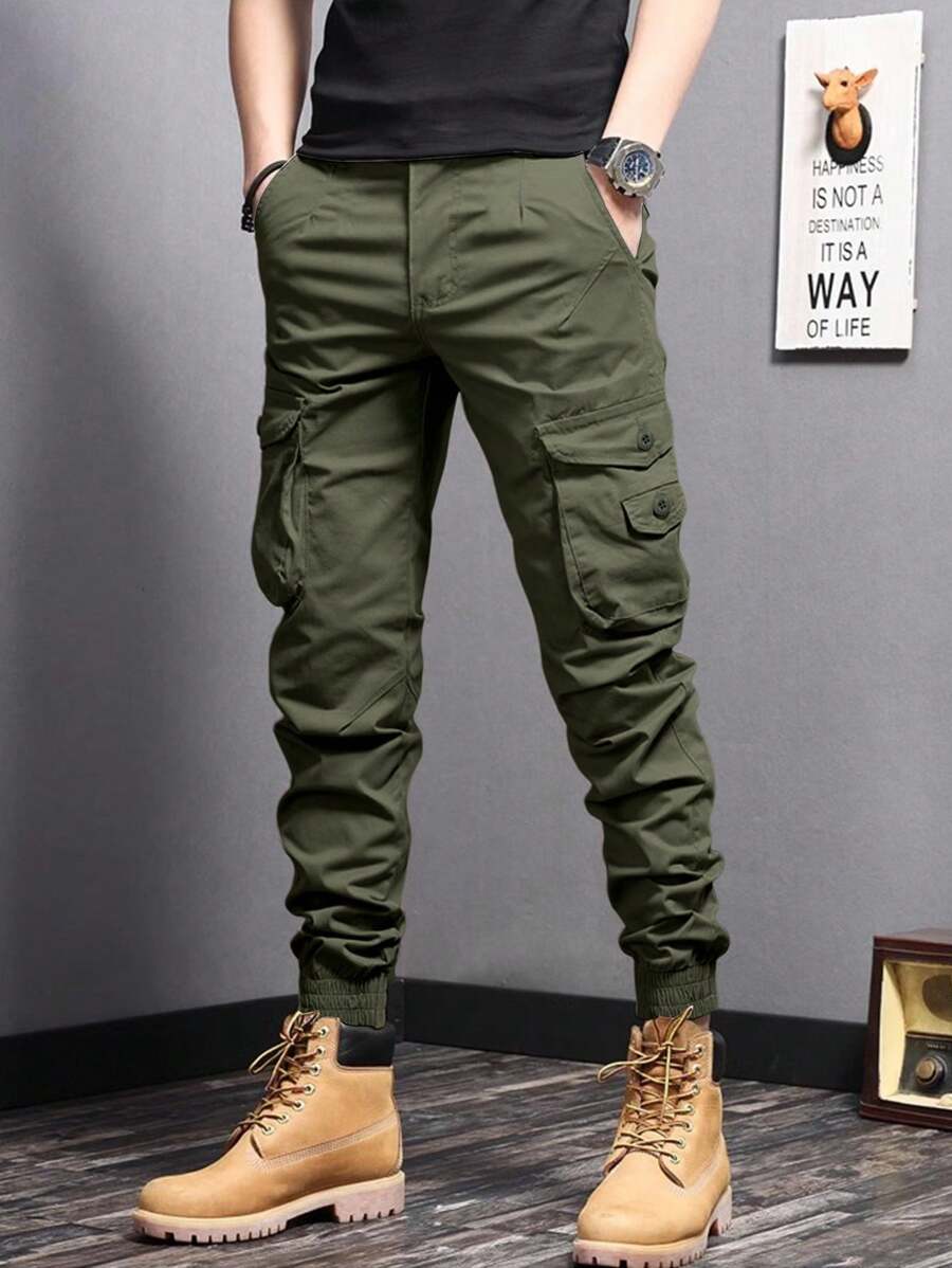 Manfinity Homme Pantalones cargo casuales de unicolor para hombres, pantalones cargo para hombres, pantalones cargo, pantalones cargo tipo jogger para hombres, otoño - Verde militar - Ver 1