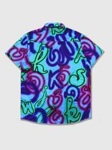 ROMWE MEN Street Life Men's Summer Fashion Letter Print Short Sleeve Shirt - Blue - View 2