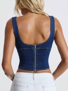 SHEIN Jeanoir Women's Lace Patchwork Fitted Cropped Denim Overall Tank Top - Blue - View 3