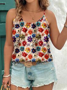 SHEIN Clasi طقم توب كاميسول مقاس كبير بطبعة زهور وملمس بارز، كاجوال وأنيق، مناسب للصيف وللخروجات - متعدد الألوان - مشاهدة 4