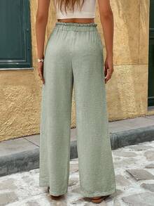 SHEIN Frenchy 女士纯色荷叶边腰带宽松阔腿休闲裤 - 綠色 - 查看 2