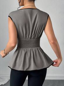 SHEIN Clasi 女士时尚不对称下摆短袖衬衫 - 灰色 - 查看 2