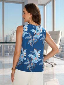 SHEIN Clasi Women's Blue Floral Print Sleeveless Blouse With Pleated Front - Multicolor - View 2