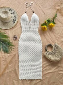 Soleia 细肩带 V 领镂空木珠修身女式针织连衣裙，度假露背渐变色长裙，适合度假、约会、下午茶、音乐节、波西米亚风 - 白色 - 查看 5