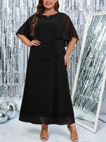 Gownix 女式加大码宽松撞色网眼后背拉链休闲连衣裙 - 黑色 - 查看 1