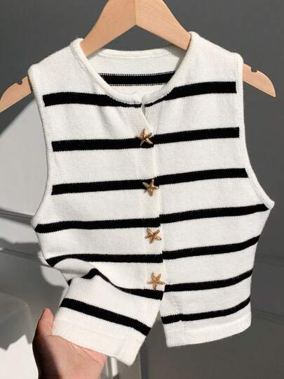 Comfortcana Women's Metal Decor Sleeveless Striped Casual Knit Top,Tops For School