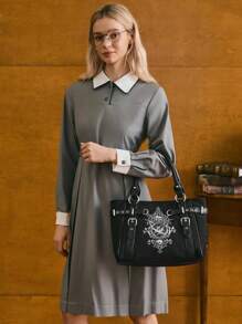 HARRY POTTER X SHEIN PU 皮革链条装饰黑色顶部提手包 - 黑色 - 查看 6