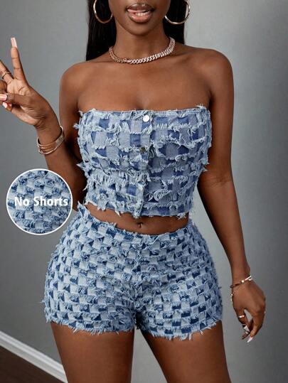 Slaydiva 女士牛仔短款上衣，性感修身露肩，蓝色