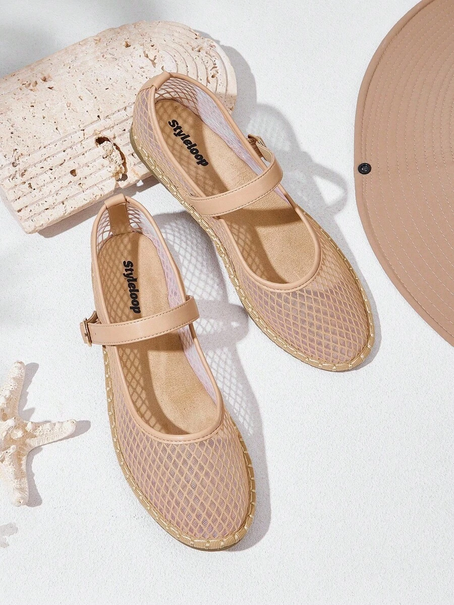 Styleloop 杏色网眼透气圆头平底休闲鞋，适合万圣节、圣诞节、派对 - 杏色 - 查看 1