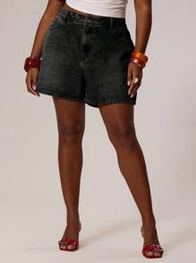 MUSERA 大码长款水洗牛仔短裤 街头风格，假日，度假，夏季，沙滩，性感，可爱 - 黑色 - 查看 1