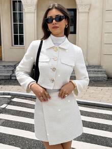 Serisse 女士金属单排扣长袖夹克和中长裙优雅两件套 - 杏色 - 查看 5