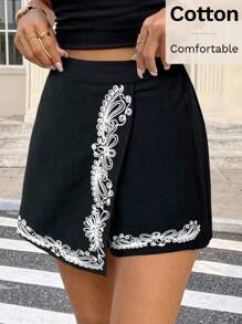 Serisse 女士夏季休闲印花裹身短裤 - 黑色 - 查看 6