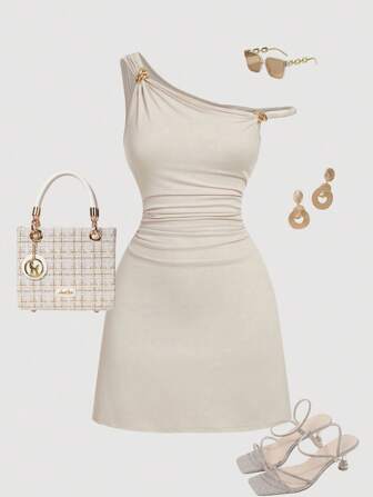 SHEIN MOD Abito corto aderente con arricciature e fibbia metallica, colore albicocca, adatto per l'inizio dell'autunno, abito da invitata a matrimonio. Abito monospalla, stile Wimbledon, outfit Wimbledon, per uscire