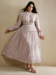 Anewsta Plus Size Women Long Patchwork Ruffle Hem Elegant Versatile Dress - Red Violet - View 7