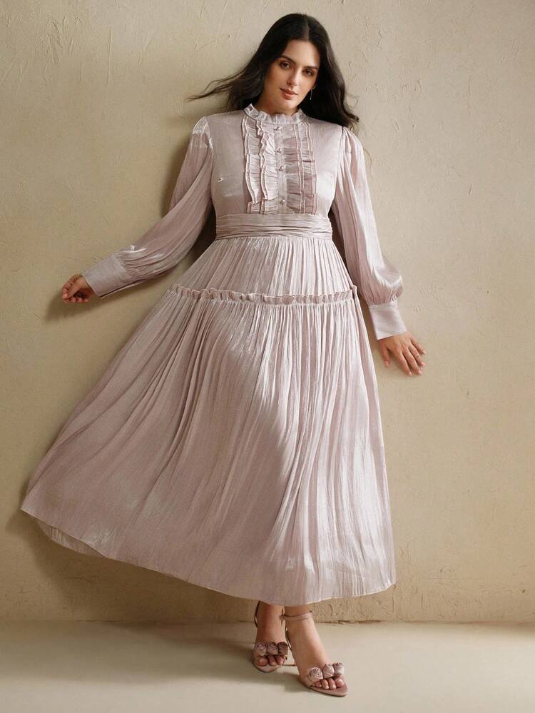 Plus Size Women Long Patchwork Ruffle Hem Elegant Versatile Dress