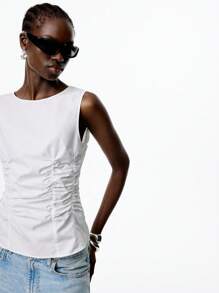 LYSMO 2025 New Women's White Ruched X-Shaped Waist A-Line Crew Neck Casual Sleeveless Top, Minimalist Casual, Daily Commuting, Versatile Piece