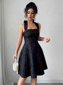 Elenzga 优雅法式镂空束腰蝴蝶结装饰短款连衣裙