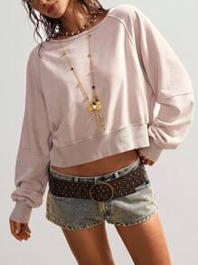 Bohemela Boho Solid Color Knit Crew Neck Loose Fit Long Sleeve Sweatshirt For Women, Autumn/Winter Back To School Top - Apricot - View 2