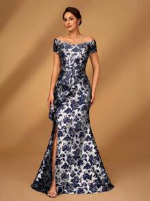 Serin Elegant Luxury Jacquard Off Shoulder Bowknot Slit Fishtail Dress, Suitable For Weddings, Events, Parties, Vacations, Prom, Mother Of The Bride Outfit - Navy Blue - View 7