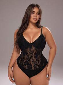 Rustia Plus Size Women Sexy Sheer Lace Back Cutout Slim Fit Bodysuit For Summer - Black - View 1