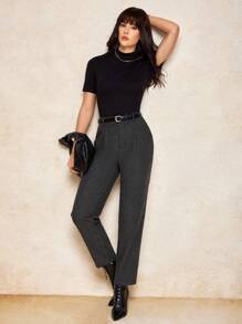 House of One 高腰弹力后背修身锥形长裤女秋季格纹裤休闲优雅女装正装裤女商务休闲裤女士休闲裤灰色正装裤格兰格子裤秋季女装旧款办公室服装女秋季服装商务职业女性商务休闲女装