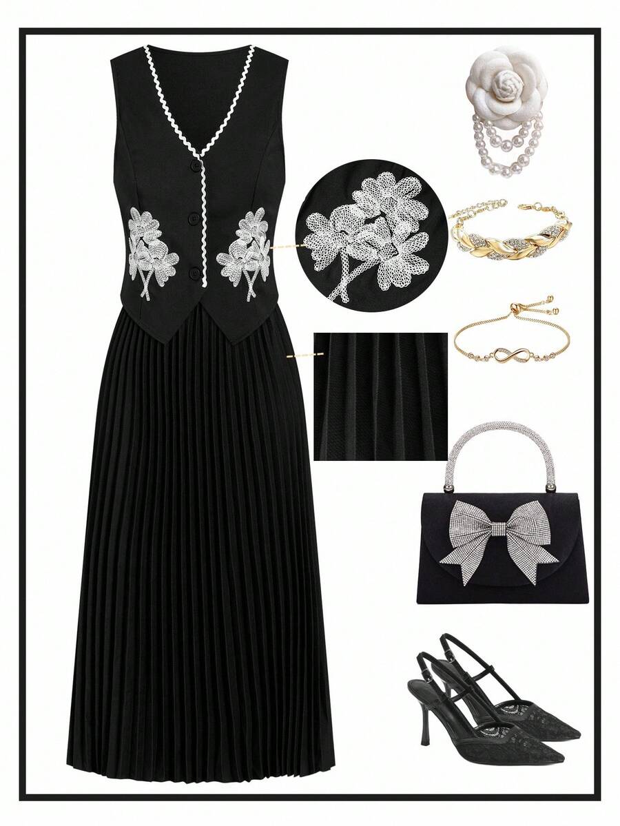 Ellevyn 优雅百搭单排扣花卉压花背心和百褶裙两件套，适合外出、下午茶、购物等场合秋季女装校服教师服办公室服装 - 黑色 - 查看 1