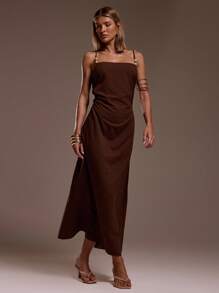 MUSERA 串珠吊带直筒长裙，夏季伊比沙岛风情，适合度假、性感海滩、浪漫优雅场合、生日、波西米亚风、拉菲草编发，秋冬皆宜。 - 咖啡 - 查看 3