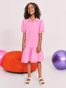 Leap Crew Leap Crew Tween Girl Pink Peter Pan Collar Ruffle Puff Sleeve Dress,Summer Cute Sweet Back-To-School Season,Loose Casual Minimalist Comfortable Drop Waist Dress - Hot Pink - View 3