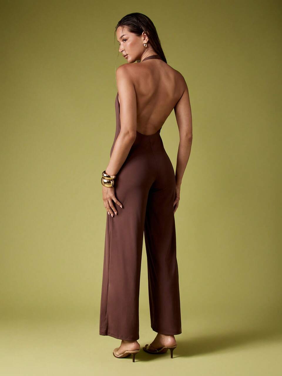 MISSGUIDED Halter Neck Plunge Jumpsuit Wide Leg Evening Party Full Length Wedding Guest Occasion Formal Resort Cruise Wear Elegant Summer Sleeveless Open Back
