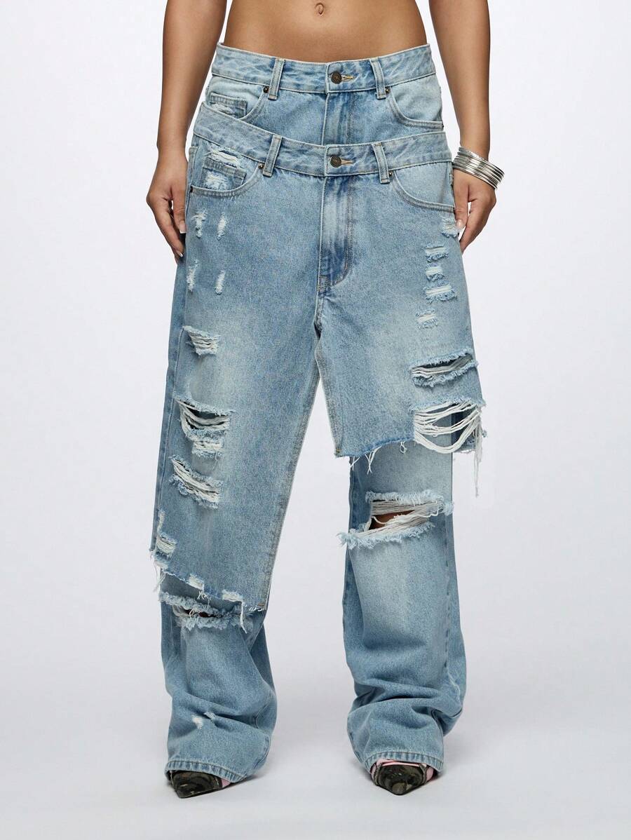 SUMWON Plus Size Baggy Wide Leg Jeans Distressed Layered Cut Overlay Fashion Streetwear Fall Winter Festival Casual Daily Wear Denim Pants - Blue - View 1