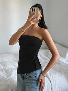 SHEIN EZwear Top tubo con volantes y abertura en el bajo, color negro sólido - Casual de uso diario para mujer
