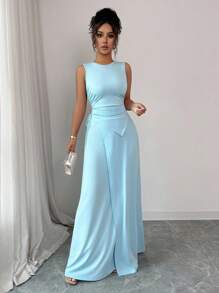 Elenzga Elegantes und schickes Sommer-Strick-Set in hellblau bestehend aus ärmelloser Rippbluse mit geraffter Taille und Bindegürtel sowie asymmetrischem A-Linien-Maxirock, figurbetontes 2-teiliges Set - Blau - Übersicht 3