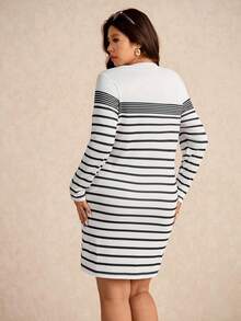 Elaquor Robe décontractée à manches longues, col rond, rayée, avec boutons, pour femmes grandes tailles - Noir et Blanc - Voir 2