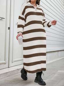 EURMUSE Plus Size Two-Tone Striped Pattern Drop Shoulder Loose Half Zip Up Oversized Sweater Dress - Brown - View 6