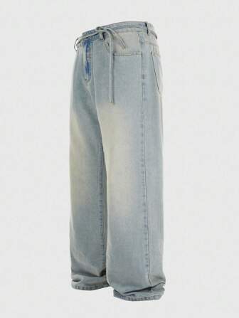 Jeans casual a gamba ampia con tasche annodate di colore unito da uomo