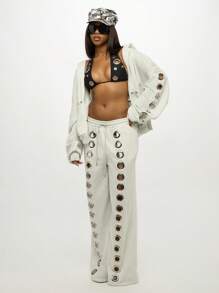 SUMWON WOMEN 超大羊毛连帽夹克拉链金属孔眼细节休闲街头时尚长袖冬季秋季时尚运动衫 - 灰色 - 查看 6