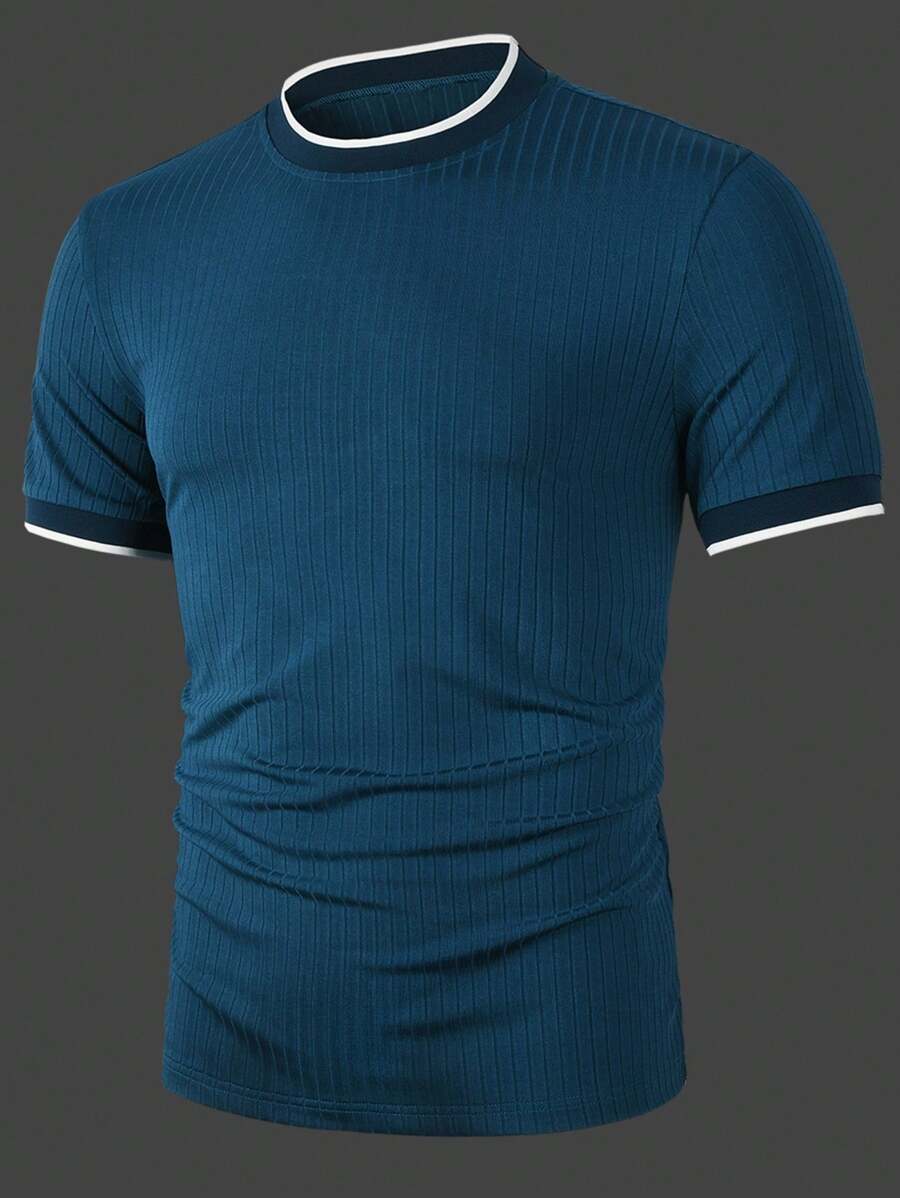 Manfinity Homme Camiseta de cuello redondo de hombre con ribetes de contraste