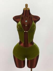 Amplova 女式两件套性感镂空睡衣上衣和不对称下摆裙子，夏季 - 綠色 - 查看 3