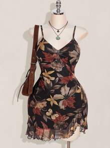 SHEIN ICON Vestido con cuello cuadrado con volantes, estampado de hojas de arce, con abertura frontal, talla grande, adecuado para verano, otoño, vuelta al colegio, vacaciones de verano - Multicolor - Ver 1