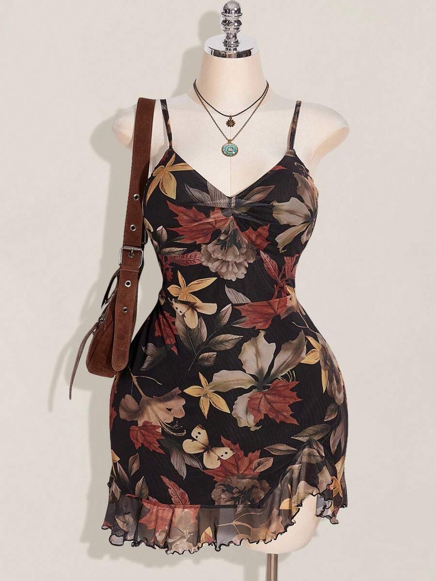 SHEIN ICON Vestido con cuello cuadrado con volantes, estampado de hojas de arce, con abertura frontal, talla grande, adecuado para verano, otoño, vuelta al colegio, vacaciones de verano - Multicolor - Ver 1